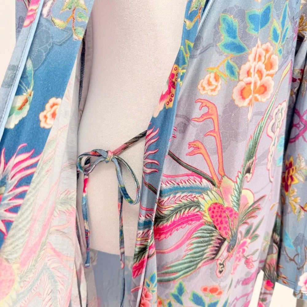 Johnny Was Women M Phoenix Floral Pima Cotton Modal Robe Kimono Blue Pockets